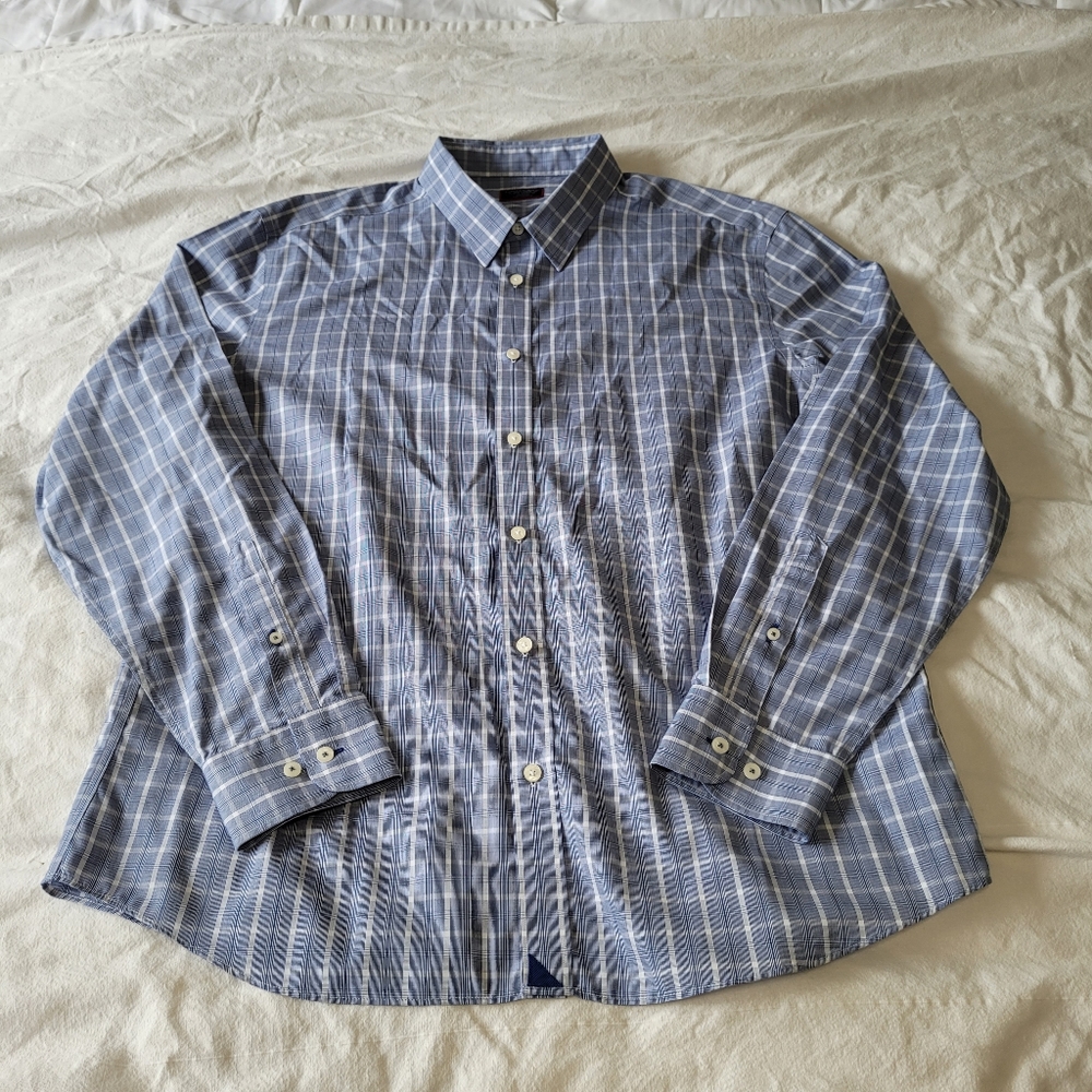 UNTUCK IT Men's Shirt Size 2XL XXL Wrinkle Free Plaid Blue White Long Sleeve
